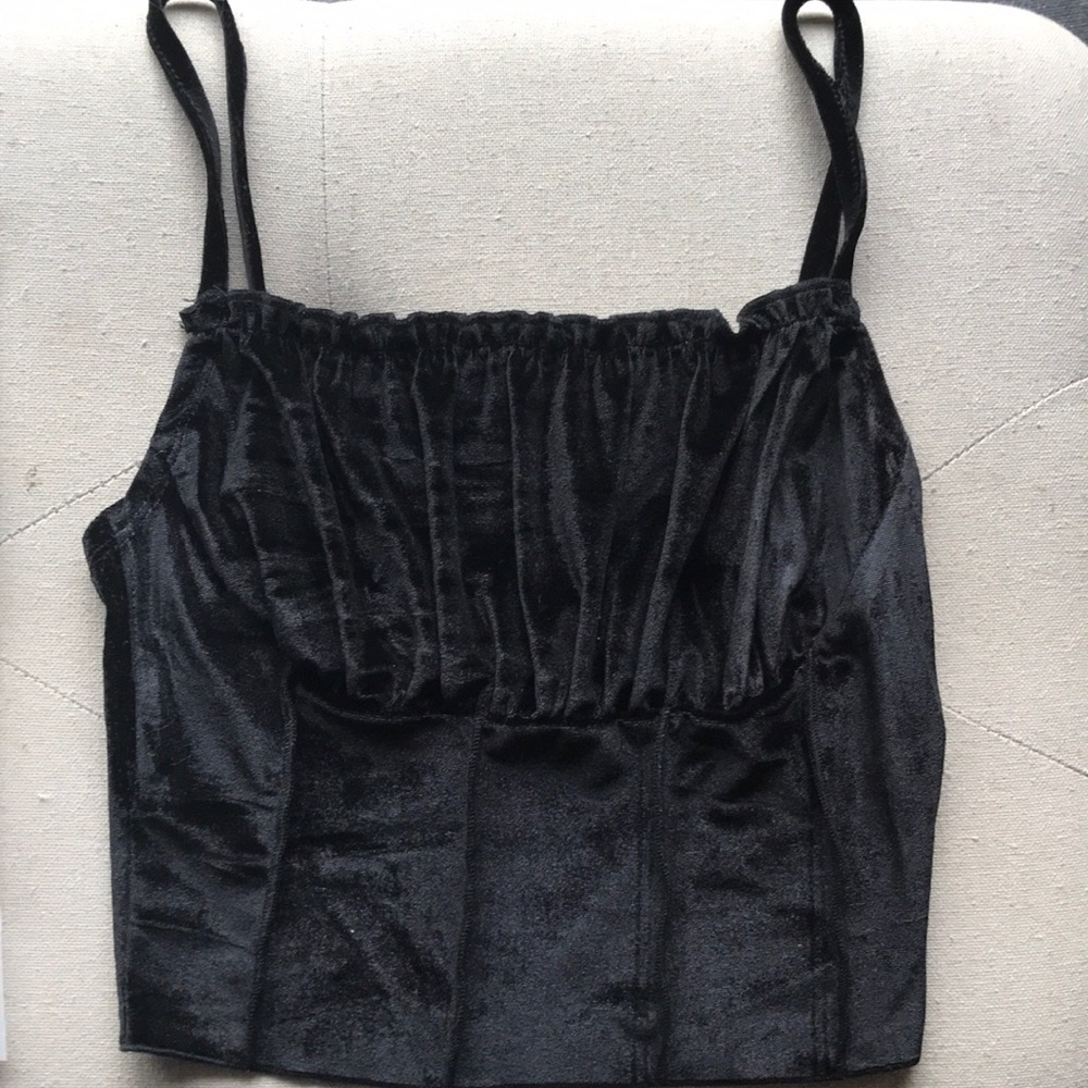 Frill Trim Ruched Bust Black Velvet Crop Small